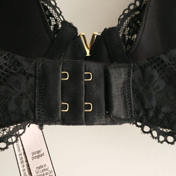 Victoria Secret Plunge Bra 36D Black Floral Lace Underwire Logo - Picture 7 of 11